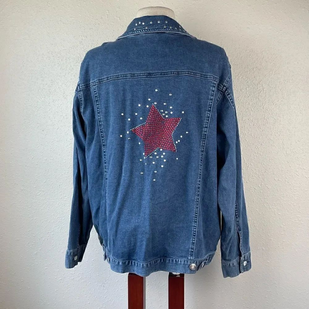 EUC Quacker Factory Womens Forth of July Gem Denim Jean Jacket Size L - Picture 5 of 6